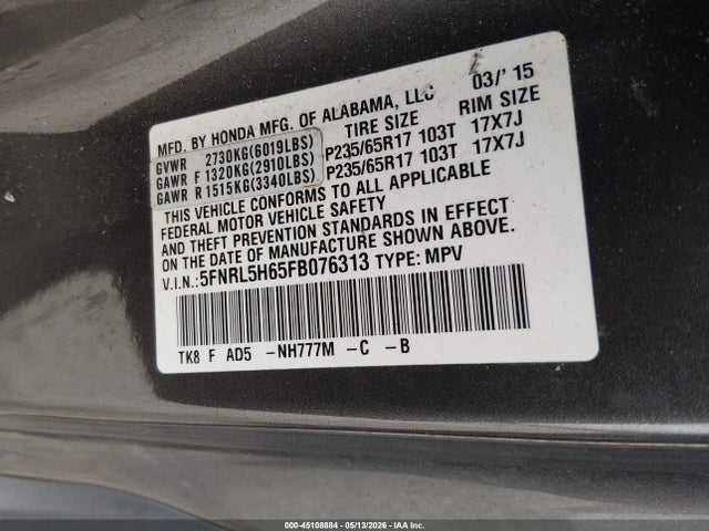 Продажа на аукционе авто 2015 Honda Odyssey Ex-l, vin: 5FNRL5H65FB076313, номер лота: 45108884
