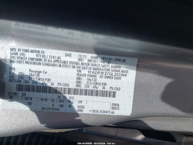 Продаж на аукціоні авто 2016 Ford Focus Se, vin: 1FADP3F27GL253368, номер лоту: 45108890