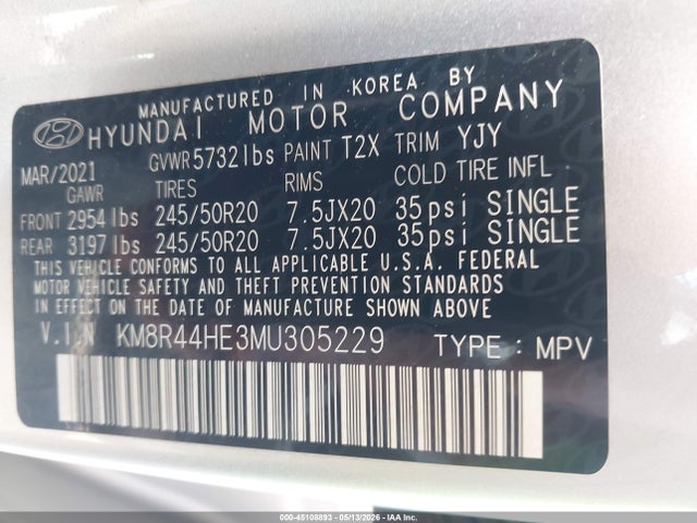 Aukcja sprzedaży 2021 Hyundai Palisade Sel, vin: KM8R44HE3MU305229, numer aukcji: 45108893