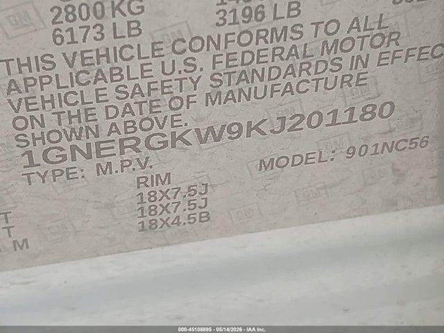 45108895 :رقم المزاد ، 1GNERGKW9KJ201180 vin ، 2019 Chevrolet Traverse 1lt مزاد بيع
