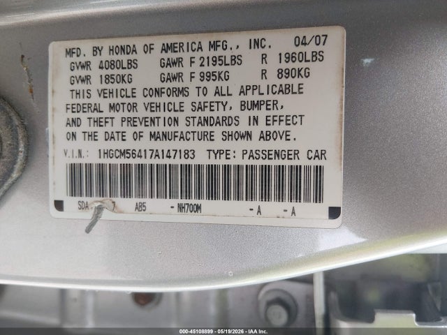 Aukcja sprzedaży 2007 Honda Accord 2.4 Lx, vin: 1HGCM56417A147183, numer aukcji: 45108899