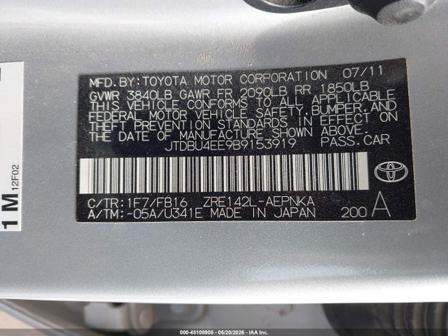 Aukcja sprzedaży 2011 Toyota Corolla Le, vin: JTDBU4EE9B9153919, numer aukcji: 45108905