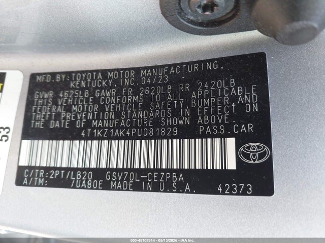 45108914 :رقم المزاد ، 4T1KZ1AK4PU081829 vin ، 2023 Toyota Camry Xse V6 مزاد بيع