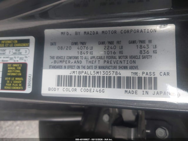2021 Mazda Mazda3 Preferred მანქანა იყიდება აუქციონზე, vin: JM1BPALL5M1305784, აუქციონის ნომერი: 45108927