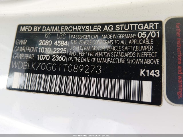 Aukcja sprzedaży 2001 Mercedes-benz Clk 430, vin: WDBLK70G01T089273, numer aukcji: 45108931