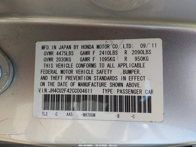 Aukcja sprzedaży 2012 Acura Tsx 2.4, vin: JH4CU2F42CC004611, numer aukcji: 45108941