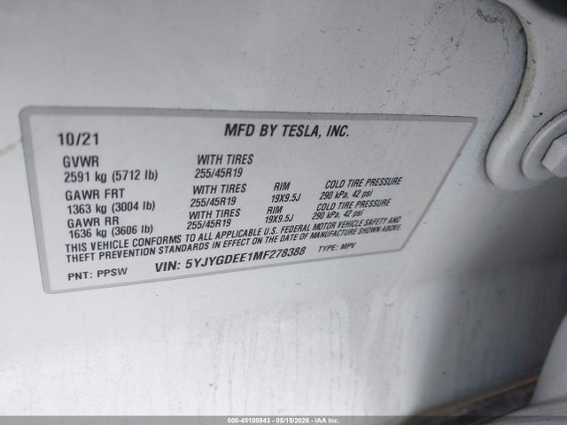 Aukcja sprzedaży 2021 Tesla Model Y Long Range Dual Motor All-wheel Drive, vin: 5YJYGDEE1MF278388, numer aukcji: 45108943