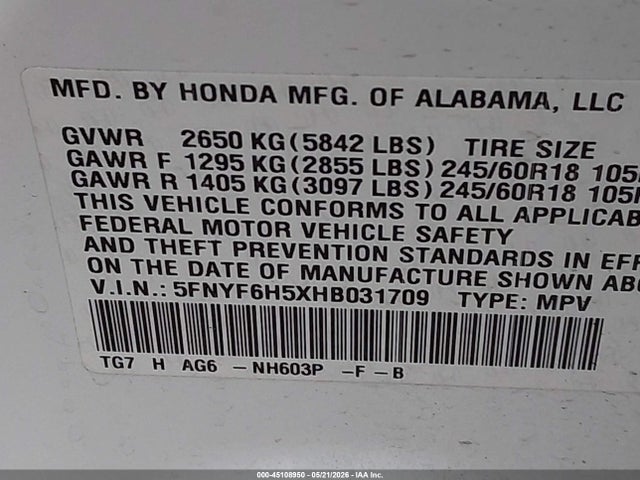 Aukcja sprzedaży 2017 Honda Pilot Ex-l, vin: 5FNYF6H5XHB031709, numer aukcji: 45108950