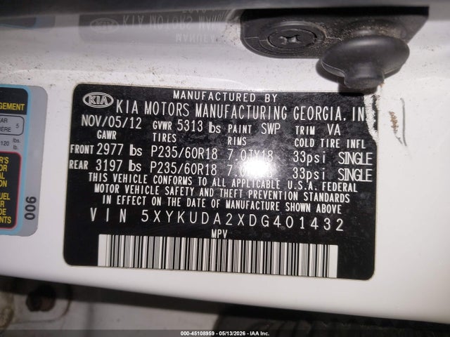 2013 Kia Sorento Ex V6 მანქანა იყიდება აუქციონზე, vin: 5XYKUDA2XDG401432, აუქციონის ნომერი: 45108959