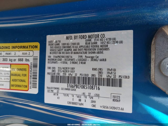 45108962 :رقم المزاد ، 1FA6P8CF0K5108716 vin ، 2019 Ford Mustang Gt Premium مزاد بيع