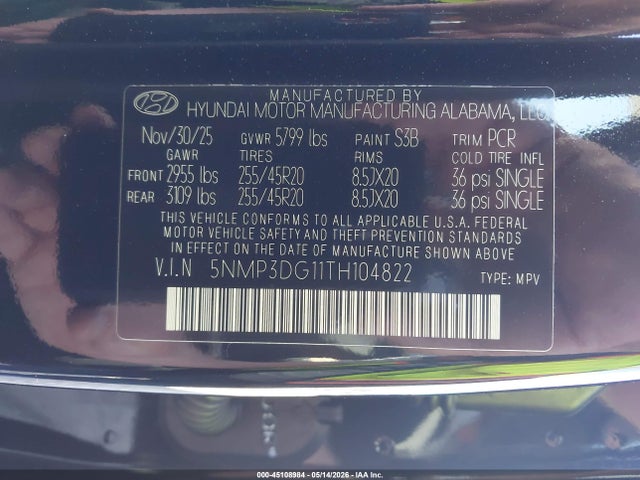 5NMP3DG11TH104822 Hyundai Santa Fe Hybrid Limited