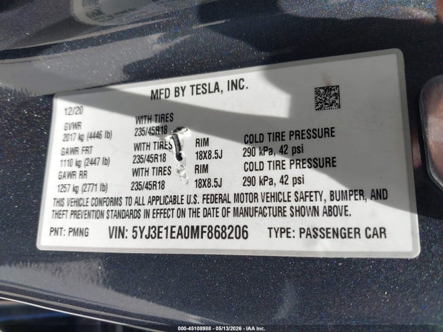 Продажа на аукционе авто 2021 Tesla Model 3 Standard Range Plus Rear-wheel Drive, vin: 5YJ3E1EA0MF868206, номер лота: 45108988