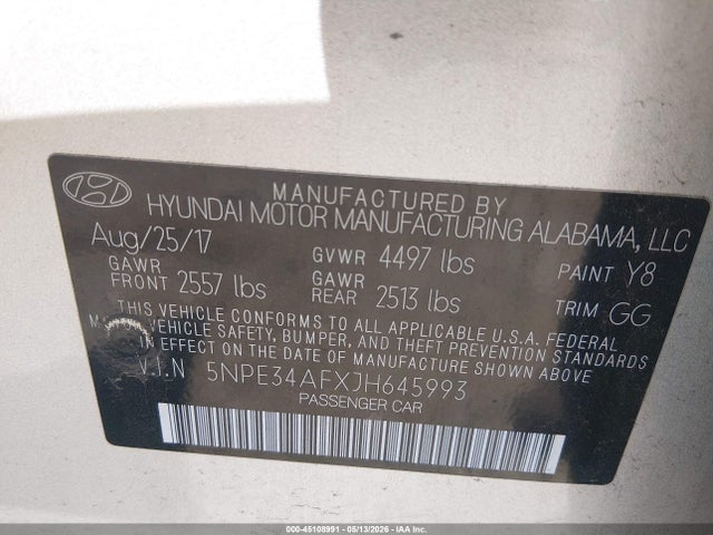 Aukcja sprzedaży 2018 Hyundai Sonata Sel, vin: 5NPE34AFXJH645993, numer aukcji: 45108991