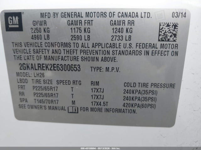 Aukcja sprzedaży 2014 Gmc Terrain Sle-2, vin: 2GKALREK2E6300653, numer aukcji: 45108994