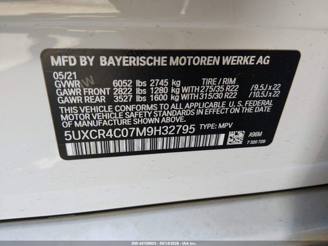 45109003 :رقم المزاد ، 5UXCR4C07M9H32795 vin ، 2021 Bmw X5 Sdrive40i مزاد بيع