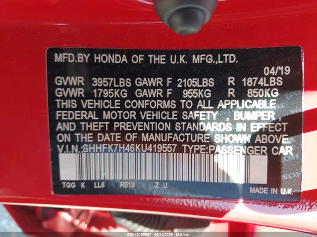 Продаж на аукціоні авто 2019 Honda Civic Sport, vin: SHHFK7H46KU419557, номер лоту: 45109007