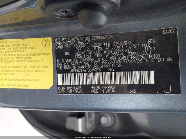 Aukcja sprzedaży 2007 Toyota Highlander Hybrid Limited V6, vin: JTEEW21A670049376, numer aukcji: 45109012