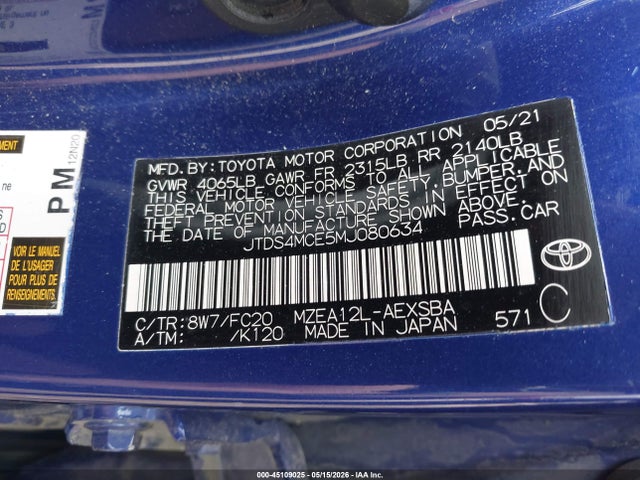 Продажа на аукционе авто 2021 Toyota Corolla Se, vin: JTDS4MCE5MJ080634, номер лота: 45109025