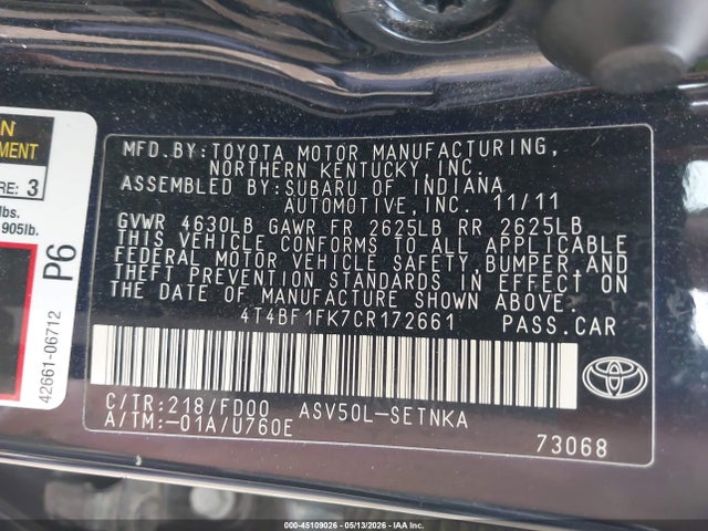 Auction sale of the 2012 Toyota Camry Le, vin: 4T4BF1FK7CR172661, lot number: 45109026