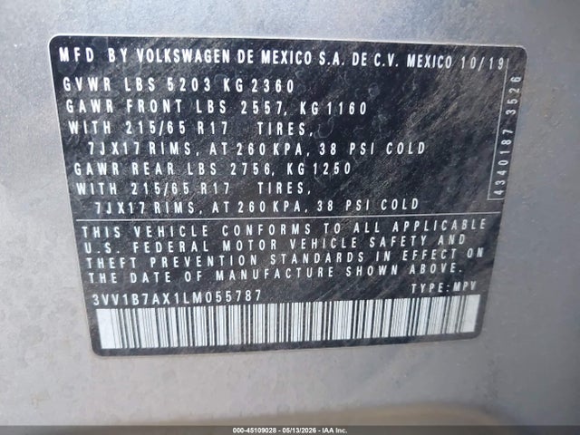 Aukcja sprzedaży 2020 Volkswagen Tiguan 2.0t S, vin: 3VV1B7AX1LM055787, numer aukcji: 45109028