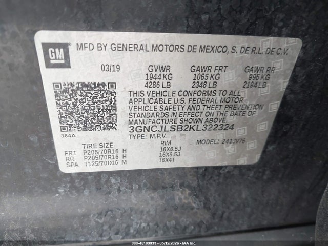 Aukcja sprzedaży 2019 Chevrolet Trax Lt, vin: 3GNCJLSB2KL322324, numer aukcji: 45109033