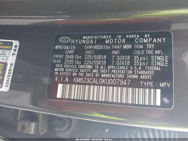 45109038 :رقم المزاد ، KM8J3CAL0KU007947 vin ، 2019 Hyundai Tucson Limited مزاد بيع