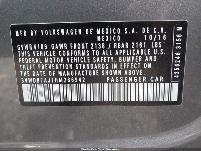 Продаж на аукціоні авто 2017 Volkswagen Jetta 1.4t Se, vin: 3VWDB7AJ7HM266942, номер лоту: 45109043