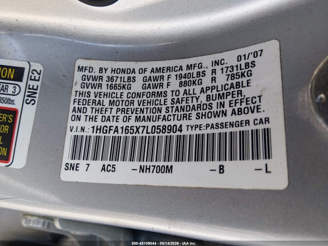 Aukcja sprzedaży 2007 Honda Civic Lx, vin: 1HGFA165X7L058904, numer aukcji: 45109044