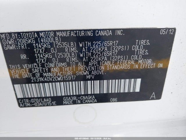 Aukcja sprzedaży 2012 Toyota Rav4 Limited V6, vin: 2T3YK4DV2CW015917, numer aukcji: 45109048