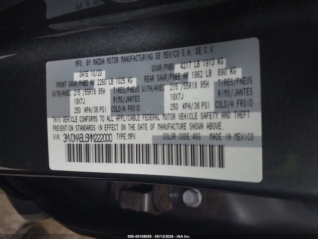 2021 Mazda Cx-30 Select მანქანა იყიდება აუქციონზე, vin: 3MVDMABL6MM222000, აუქციონის ნომერი: 45109059