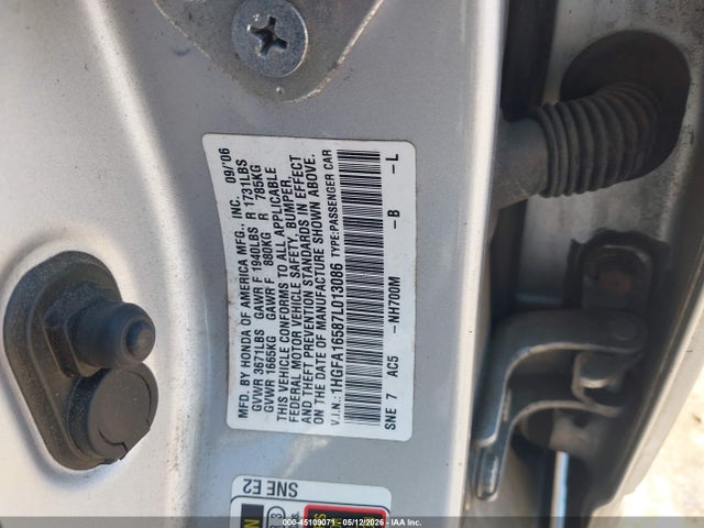 45109071 :رقم المزاد ، 1HGFA16587L013086 vin ، 2007 Honda Civic Lx مزاد بيع