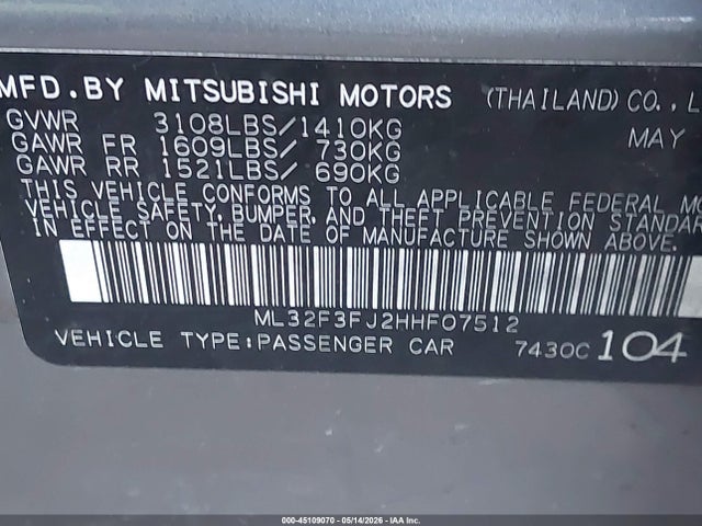 Продаж на аукціоні авто 2017 Mitsubishi Mirage G4 Es, vin: ML32F3FJ2HHF07512, номер лоту: 45109070