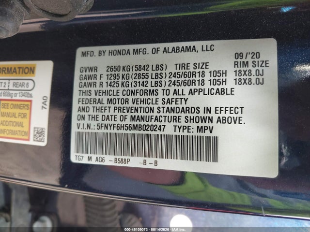 5FNYF6H56MB020247 Honda Pilot Awd Ex-l