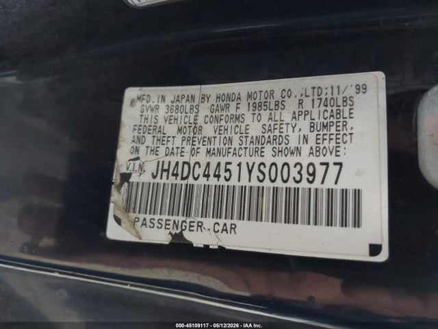 Auction sale of the 2000 Acura Integra Ls, vin: JH4DC4451YS003977, lot number: 45109117