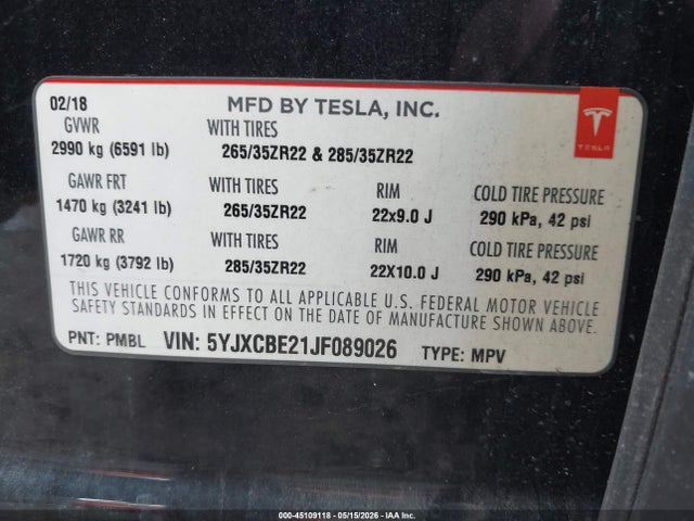 Tesla Model X 100d/75d/p100d 2018 5YJXCBE21JF089026 Image 9