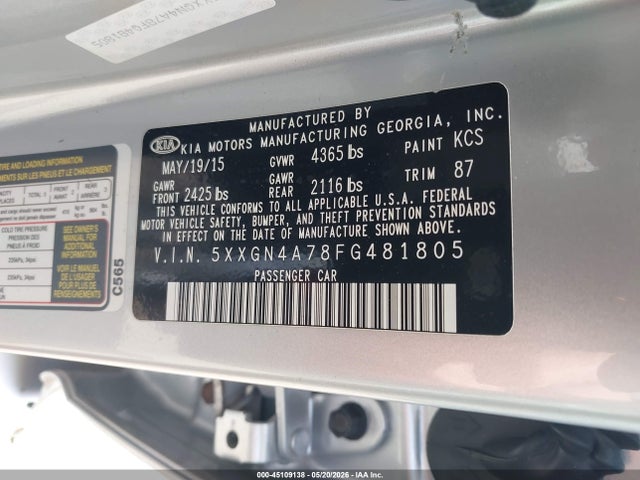 Aukcja sprzedaży 2015 Kia Optima Ex, vin: 5XXGN4A78FG481805, numer aukcji: 45109138