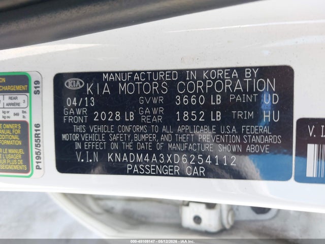 45109147 :رقم المزاد ، KNADM4A3XD6254112 vin ، 2013 Kia Rio Lx مزاد بيع