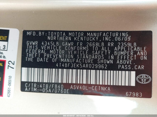 2010 Toyota Camry Le მანქანა იყიდება აუქციონზე, vin: 4T4BF3EK5AR029962, აუქციონის ნომერი: 45109167
