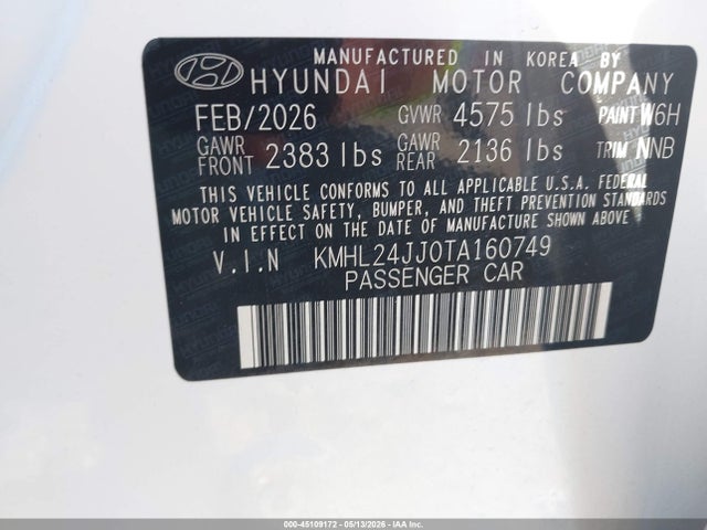 2026 Hyundai Sonata Hybrid Blue მანქანა იყიდება აუქციონზე, vin: KMHL24JJ0TA160749, აუქციონის ნომერი: 45109172