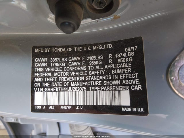 SHHFK7H41JU202075 Honda Civic Sport