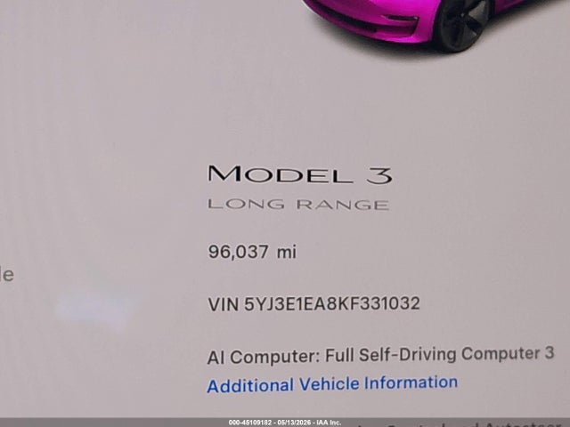 Продаж на аукціоні авто 2019 Tesla Model 3 Long Range/mid Range/standard Range/standard Range Plus, vin: 5YJ3E1EA8KF331032, номер лоту: 45109182
