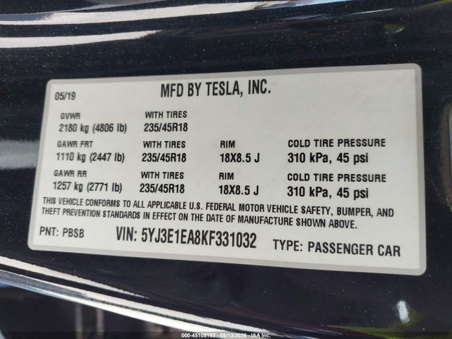 Продаж на аукціоні авто 2019 Tesla Model 3 Long Range/mid Range/standard Range/standard Range Plus, vin: 5YJ3E1EA8KF331032, номер лоту: 45109182