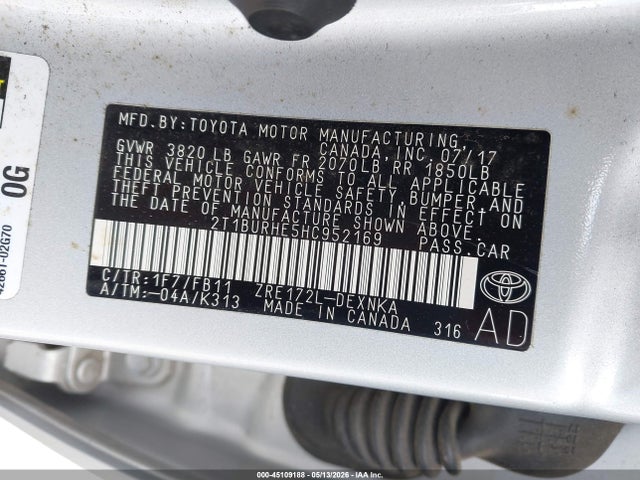Toyota COROLLA LE 2017 2T1BURHE5HC952169 Image 9