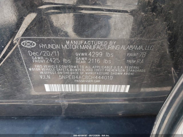 2012 Hyundai Sonata Gls მანქანა იყიდება აუქციონზე, vin: 5NPEB4AC8CH444010, აუქციონის ნომერი: 45109197