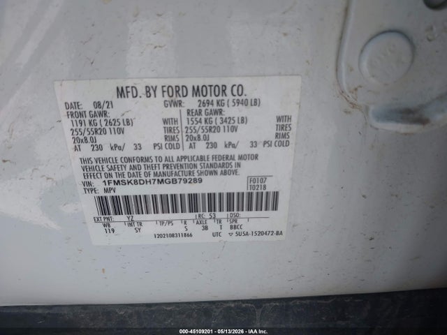 Aukcja sprzedaży 2021 Ford Explorer Xlt, vin: 1FMSK8DH7MGB79289, numer aukcji: 45109201