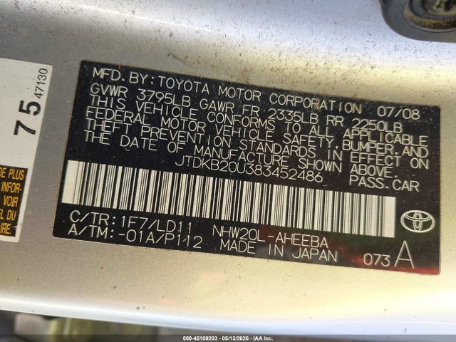 Aukcja sprzedaży 2008 Toyota Prius, vin: JTDKB20U383452486, numer aukcji: 45109203