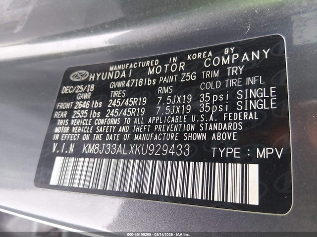 Aukcja sprzedaży 2019 Hyundai Tucson Night, vin: KM8J33ALXKU929433, numer aukcji: 45109205