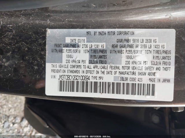 45109215 :رقم المزاد ، JM3TCBCY2G0100894 vin ، 2016 Mazda Cx-9 Touring مزاد بيع
