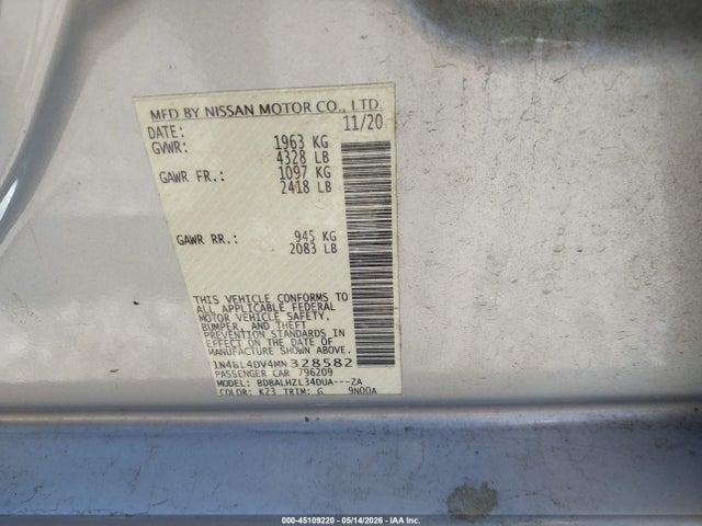 2021 Nissan Altima Sv Fwd მანქანა იყიდება აუქციონზე, vin: 1N4BL4DV4MN328582, აუქციონის ნომერი: 45109220