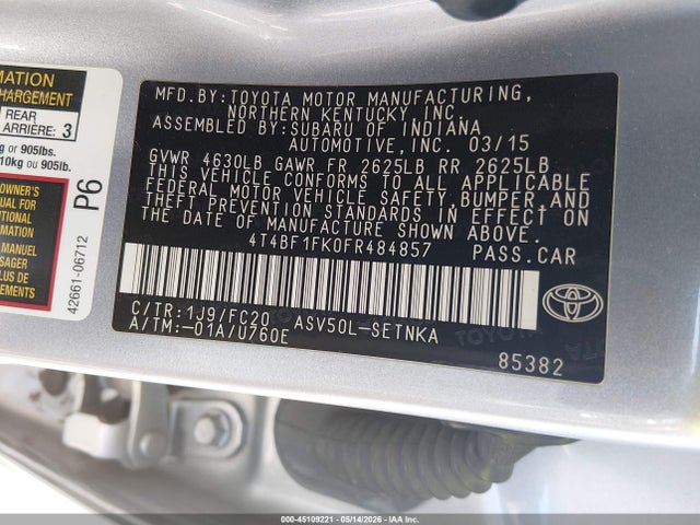 2015 Toyota Camry Le მანქანა იყიდება აუქციონზე, vin: 4T4BF1FK0FR484857, აუქციონის ნომერი: 45109221